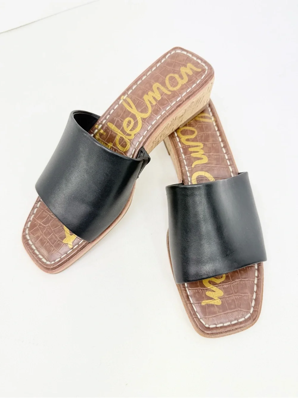 Sam Edelman VALERY Black Leather Padded Footbed Cork Wedge Slide Sandals
